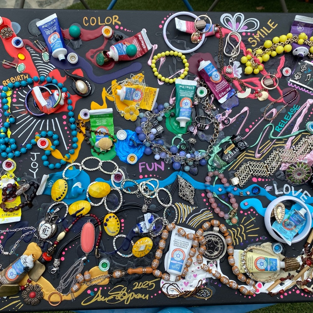 “Release & Rebirth” Colorful Original Artwork - acrylic + jewelry on canvas - Picture 5 of 11